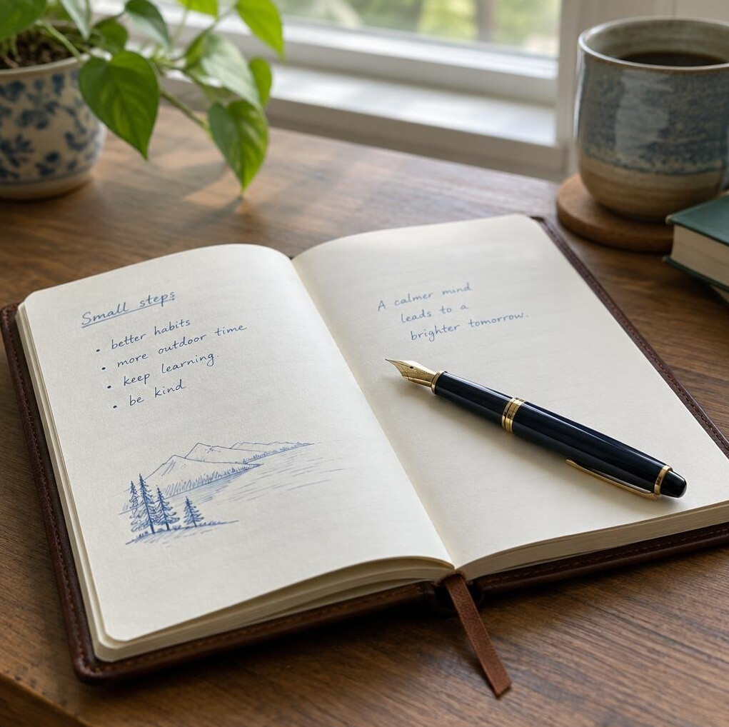 Open leather notebook with handwritten notes and a pen