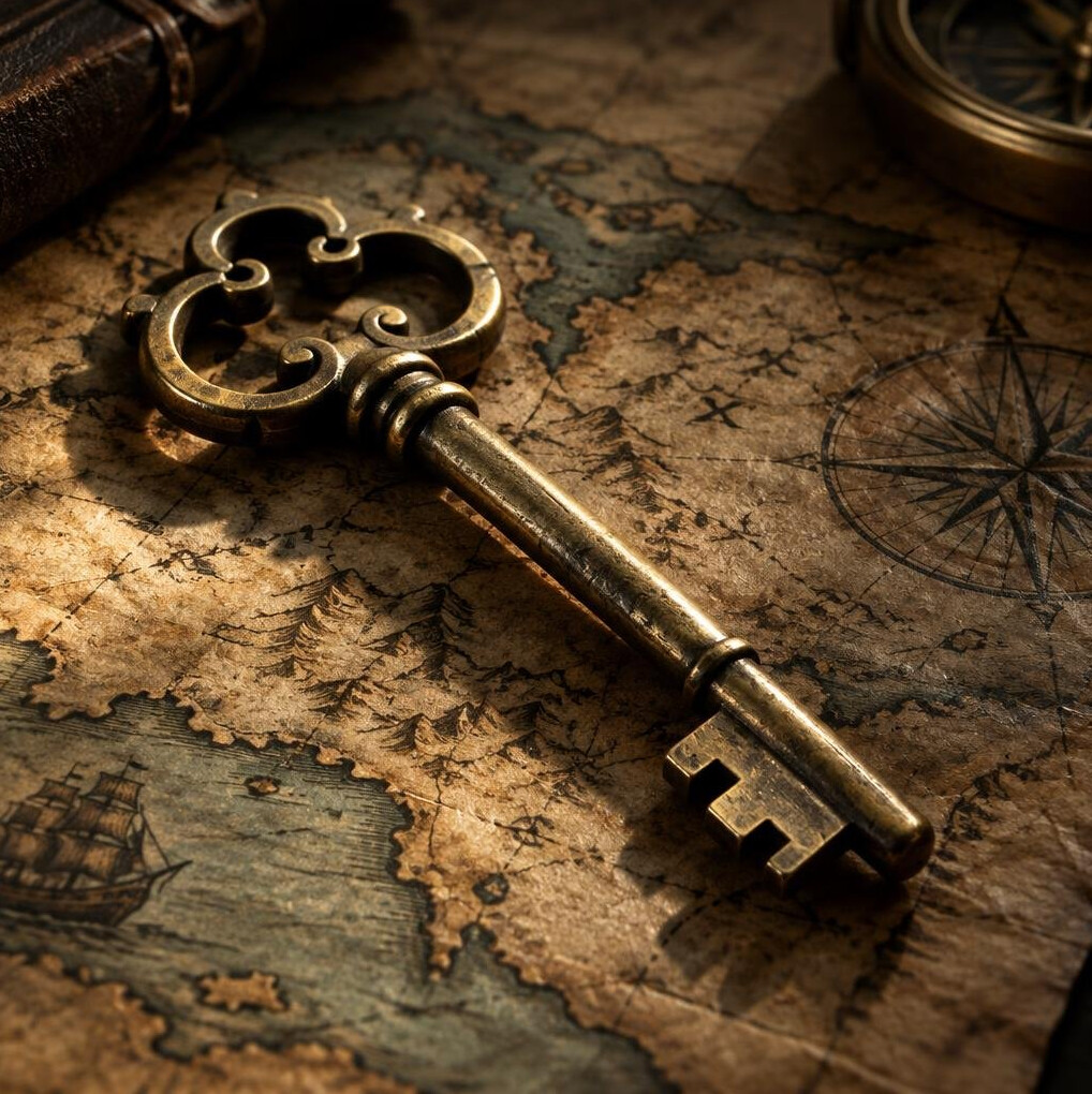 Antique brass key resting on an old map