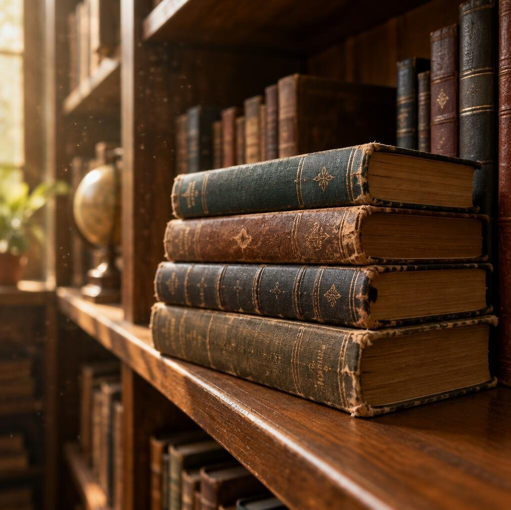 Stack of old hardcover books on a wooden shelf
