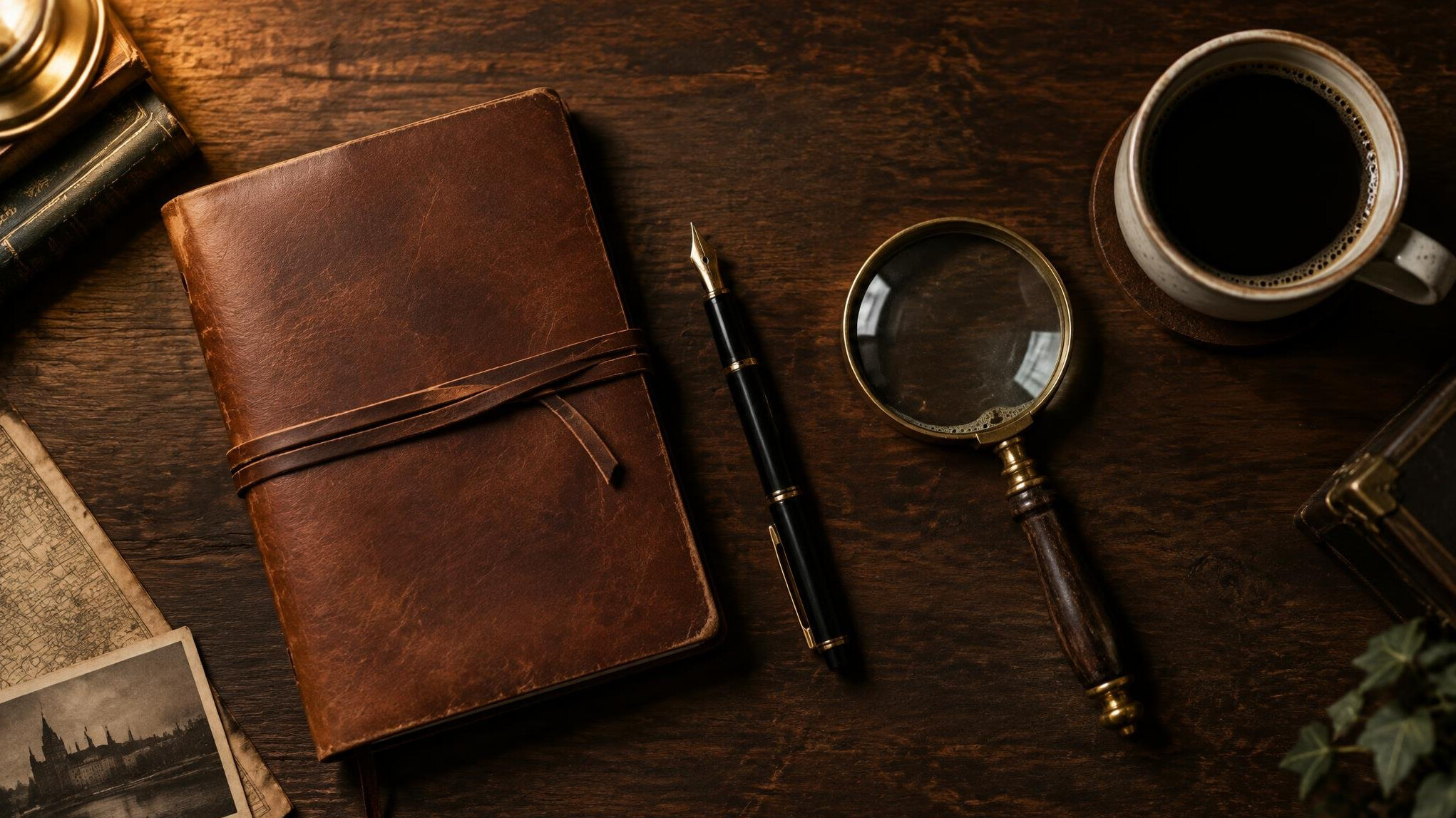 Flat lay of a notebook, fountain pen and magnifying glass on a wooden table