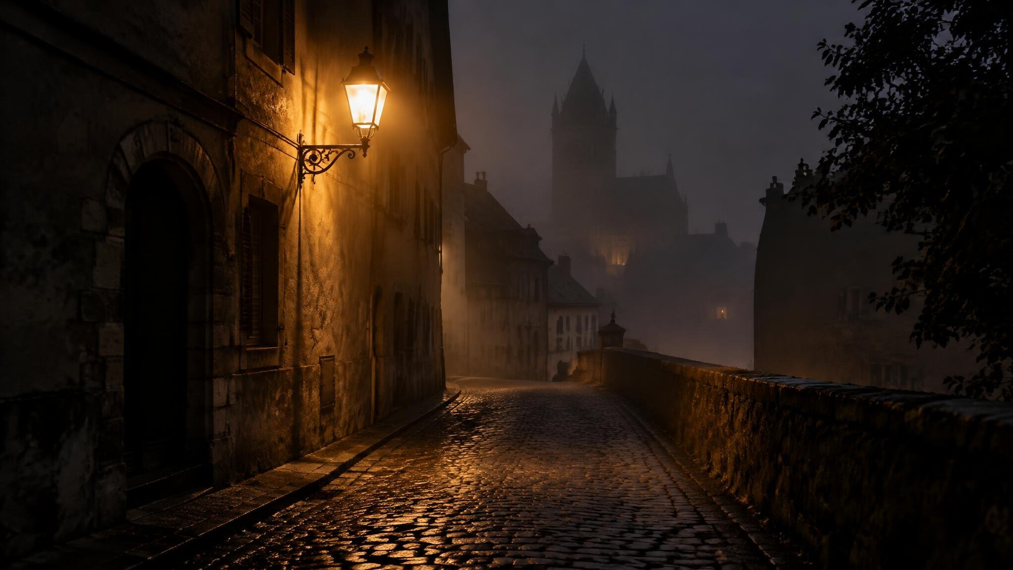 Foggy old European street at night with a single streetlamp