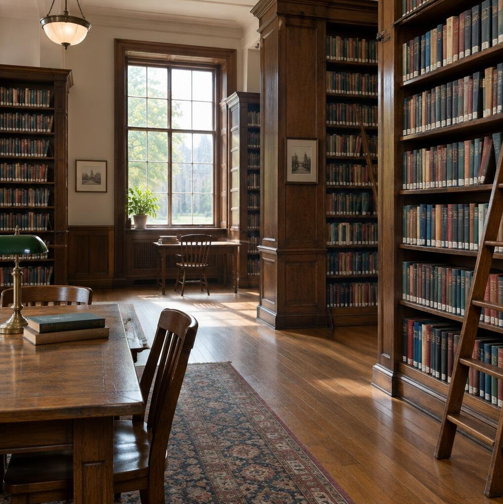 Interior of an old quiet library with tall wooden shelves